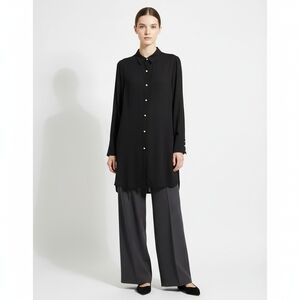 Nado Black Semi Sheer Long Blouse Tunic Pearls Button Down Womens Size Large